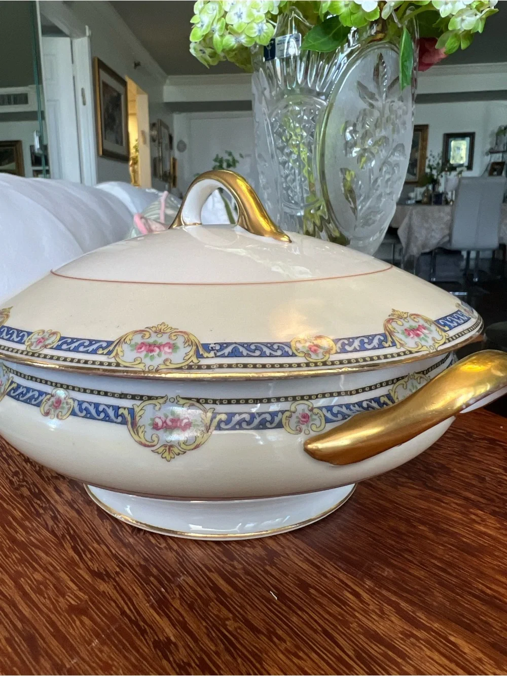 Antique Limoges France Superieur Covered Vegetable Dish-Cobalt&Pink Roses Tureen